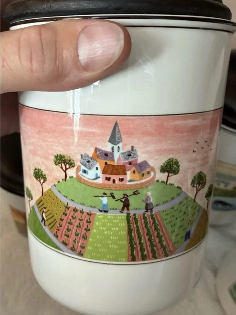 Villeroy & Boch Cream Ceramic Canister Set with Brown Lids and Pastoral Scenes